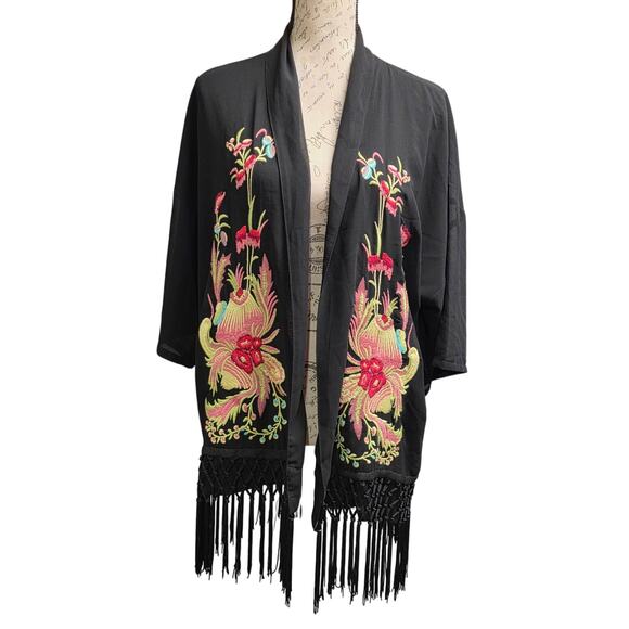 Forever 21 Womens Small Open Cardigan Sheer Embroidered Boho Lightweight Fringe - Picture 1 of 7